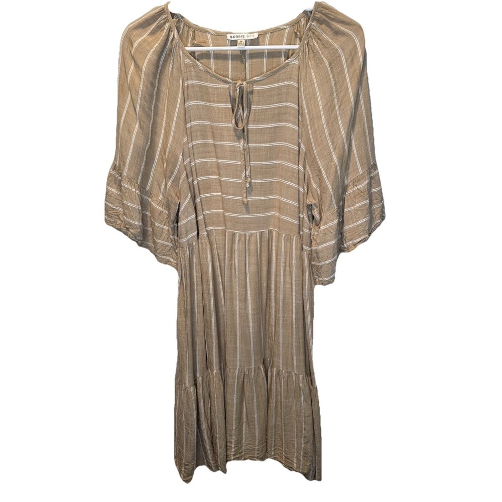 Robbie Bee Tan White Striped Flutter Sleeve Tie Front Dress 1X Resortwear Beach